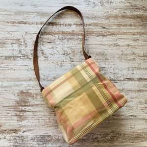 FOSSIL VTG Plaid Fabric Purse Shoulder Bag Leather Strap Wood Detail EUC